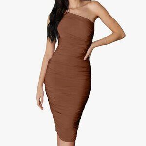 Women’s Ruched One Shoulder Bodycon Midi Dress: Brown